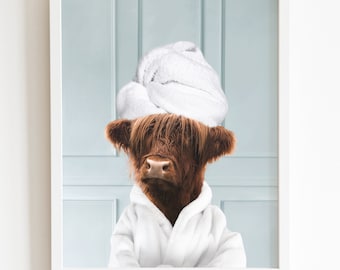 Scottish Highland Cattle Bath Robe Print, Cow Bathing, Funny Bathroom Print, Animal in bathtub, Highland Cow in Tub Print, Whimsy Animal Art