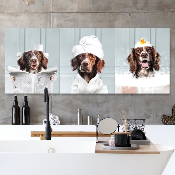 Custom Pet Portrait From Photo Set of 3, Digital Pet Portrait, Animal in Tub, Funny Bathroom Art, Dog On Toilet Print, Pet Portrait Canvas