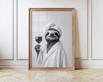 Sloth in Bathrobe with a Wine, Sloth Wall Decor, Funny Bathroom Art, Modern Farmhouse Decor Toilet Art, Western Bathroom,Kids Bathroom
