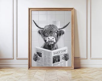 Highland Cow on Toilet with Newspaper, Cow Toilet Wall Decor, Funny Bathroom Print, Animal on Toilet, Scotland Cow with Paper, Whimsy Animal