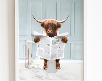 Scottish Highland Cow In Toilet Reading Newspaper, Bathroom Humour, Funny Bathroom Print, Animal on toilet, Whimsy Animal Art, Kids Bathroom