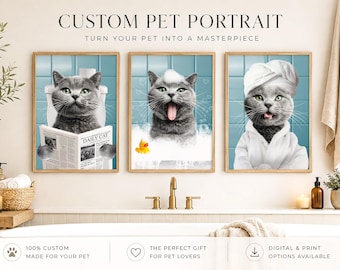 Custom Cat Portrait From Photo, Cat Reads Newspaper Art, Digital Pet Portrait, Funny Bathroom Art, Pet Portrait Canvas, Pet In Toilet Print
