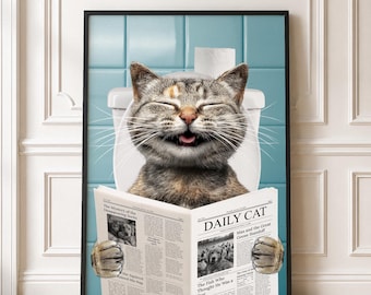 Custom Cat Portrait From Photo, Cat Reads Newspaper Art, Digital Pet Portrait, Funny Bathroom Art, Pet Portrait Canvas, Pet In Toilet Print
