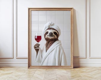 Sloth in Bathrobe with a Wine, Sloth Wall Decor, Funny Bathroom Art, Modern Farmhouse Decor Toilet Art, Western Bathroom,Kids Bathroom
