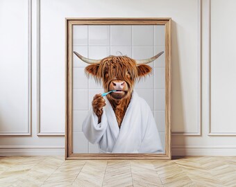 Scottish highland cow in Bathrobe with Toothbrush, Cow Decor, Funny Bathroom Art, Modern Farmhouse Decor Toilet Art, Western Bathroom Decor