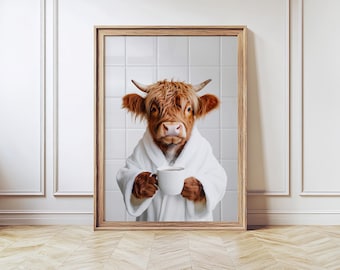 Scottish highland cow in Bathrobe with Coffee, Cow Decor, Funny Bathroom Decor, Coffee Lover Gift, Highland Cow in Tub, Whimsy Animal Art