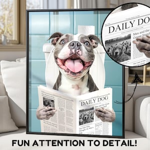 Retrato divertido de perro, arte mural personalizado para baño, mascota en el inodoro con póster de periódico, perro en bata, regalo digital para dueños de perros.