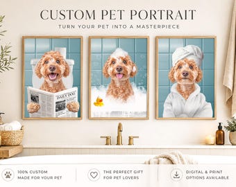 Custom Dog Portrait from Photo, Funny Dog Bathroom Art, Dog Reading Newspaper Poster, Pet Wall Decor, Digital or Framed Gift