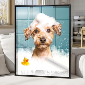Regalo per amanti degli animali, ritratto di cane personalizzato da foto, poster artistico con motivo del water per cani, decorazioni divertenti per il bagno, stampa murale personalizzata con cane, stampa artistica su giornale con cane