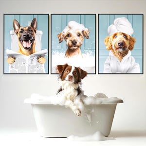 Regalo per amanti degli animali, ritratto di cane personalizzato da foto, poster artistico con motivo del water per cani, decorazioni divertenti per il bagno, stampa murale personalizzata con cane, stampa artistica su giornale con cane