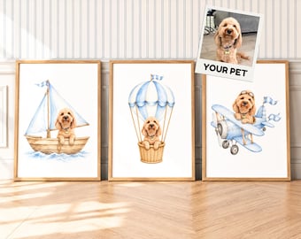 Custom Watercolor Dog Portrait, Personalized Pet Wall Art, Adventure Nursery Decor, Airplane Sailboat Balloon, Digital or Framed Print