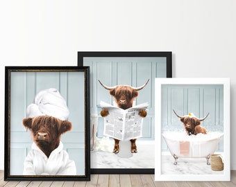 Scottish Highland Cattle Set of 3 Prints, Highland Cow in Bathtub Wall art, Cow on Toilet Funny Bathroom Print, Kids Bathroom Print, Whimsy