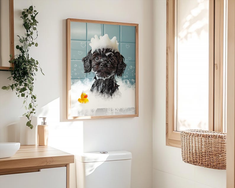 Dog portrait,pet portrait,bathroom poster,animal In bathtub,kids bathroom art,custom dog gift,personalized dog art,dog in bathtub print,dog mom gift,custom pet portrait,Custom pet print,funny pet portrait,dog in bathrobe