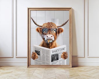 Highland Cow on Toilet with Newspaper, Cow Toilet Wall Decor, Funny Bathroom Art, Animal on Toilet, Scotland Cow with Paper, Whimsy Animal