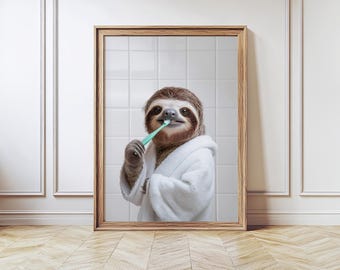 Sloth in Bathrobe with a Toothbrush, Sloth Wall Decor, Funny Bathroom Art, Modern Farmhouse Decor Toilet Art, Western Bathroom,Kids Bathroom
