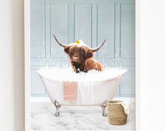 Scottish Highland Cattle a Bathtub Print, Cow Bathing, Funny Bathroom Print, Animal in bathtub, Highland Cow in Tub Print, Whimsy Animal Art