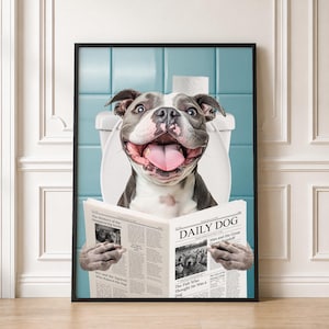 Funny Dog Portrait, Custom Bathroom Wall Art, Pet on Toilet with Newspaper Poster, Dog in Bathrobe, Digital Pet Gift for Dog Owners