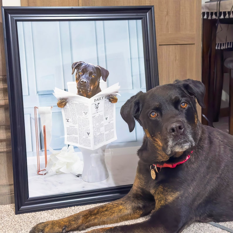 Custom Pet Portrait From Photo, Dog Reads Newspaper Art, Digital Pet Portrait, Funny Bathroom Art, Pet Portrait Canvas, Pet In Toilet Print image 2
