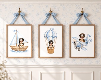 Custom Watercolor Dog Portrait, Personalized Pet Wall Art, Adventure Nursery Decor, Airplane Sailboat Balloon, Digital or Framed Print