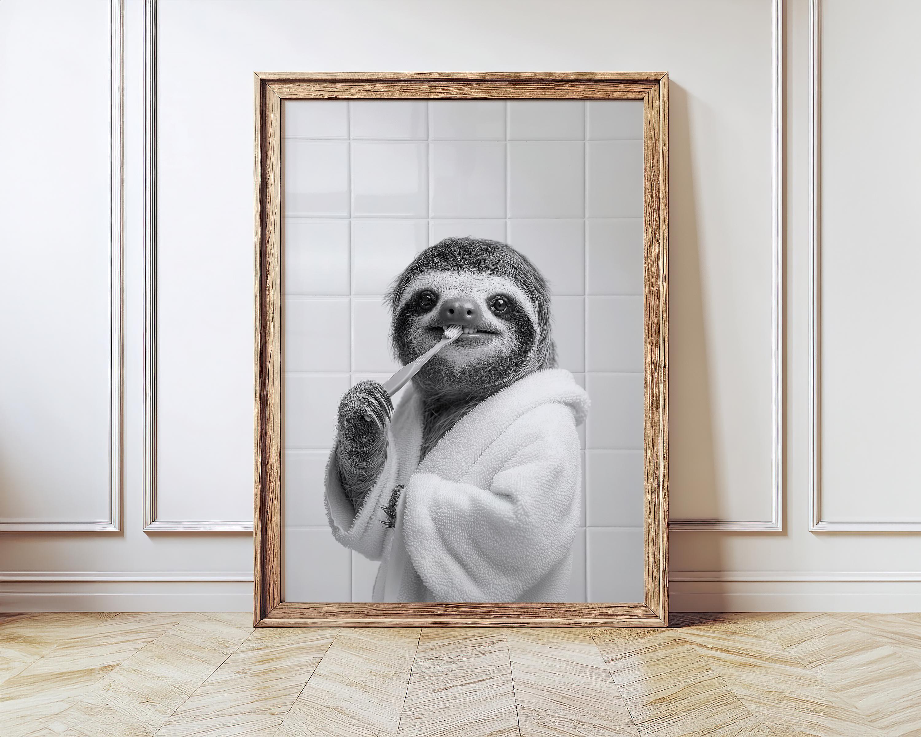 Sloth in Bathrobe with a Toothbrush, Sloth Wall Decor, Funny Bathroom Art, Modern Farmhouse Decor Toilet Art, Western Bathroom,Kids Bathroom