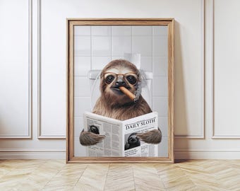 Sloth on Toilet Reading Newspaper, Sloth Wall Decor, Funny Bathroom Art, Modern Farmhouse Decor Toilet Art, Western Bathroom,Kids Bathroom