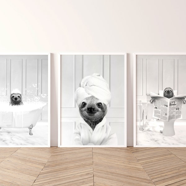 Sloth Set of 3 Prints, Sloth in Bathtub Print, Kids Bathroom Art, Sloth on Toilet, Animal in bathtub, Whimsy Animal, Black and White Sloth