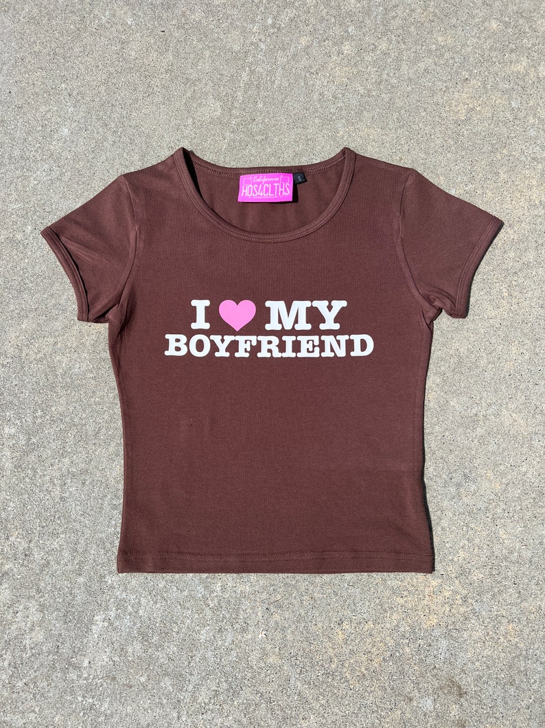 Brown I Love My Boyfriend Crop Top Baby Tee Graphic Shirt With Pink