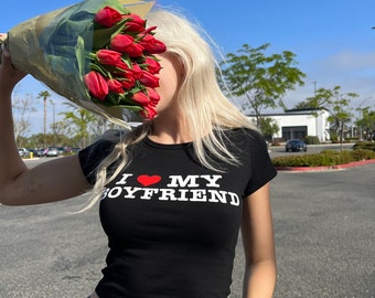 Black I Love My Boyfriend Crop Top Baby Tee Graphic Shirt with red heart and white text by Hoes For Clothes Y2K style