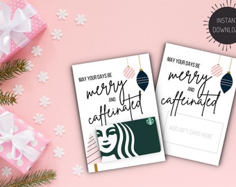 Tarjeta de regalo para maestros, tarjeta de regalo para maestros de vacaciones, titular de tarjeta de regalo imprimible, regalo para maestros de Navidad, feliz y con cafeína, regalo de café