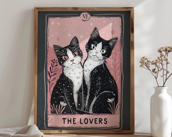 The Lovers Tarot Card Art Print Valentine Cats Illustration Tarot Card with Felines Cute Wall Art Downloadable Prints Valentine's Day Gift