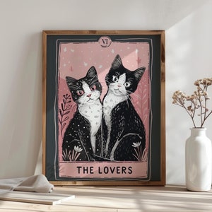 The Lovers Tarot Card Art Print Valentijn katten illustratie Tarotkaart met katachtigen schattige muur kunst downloadbare prints Valentijnsdag cadeau