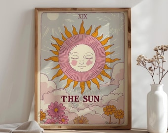 The Sun Tarot Card Art Print Orange& Pink Wall Art Tarot Card Illustration Retro Sun Poster Pastel Colors Retro Tarot Wall Art PRINTABLE