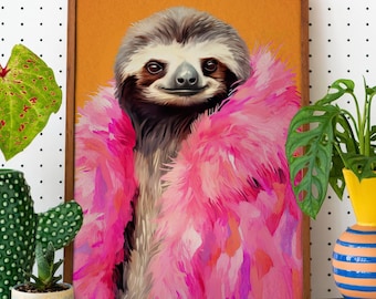 Sloth in Pink Fur Funky Animal Fashion Art Print DIGITAL, Vibrant Anthropomorphic Animal Portrait