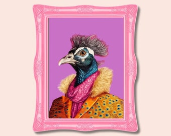 Peacock in Fur Fashion Art Print Maximalist Wall Art Funky Animal Poster Hipster Wall Art Purple Peacock Poster Quirky Wall Art Preppy