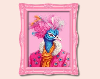 Peacock in Fur Fashion Art Print Maximalist Wall Art Funky Animal Poster Hipster Wall Art Pink Peacock Poster Quirky Wall Art Preppy