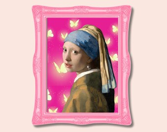 Girl with an Earring Altered Vintage Art Poster Maximalist Wall Art Pink Butterfly Print Preppy Wall Art Funky Poster Trendy Wall Decor