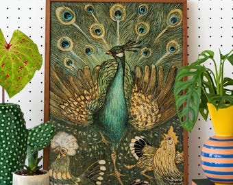 Elegante Peacock Art Print DIGITAL, Pauw Met Kippen van Theo van Hoytema, Vintage Peacock Poster, Green Fine Art Print, Art Nouveau-poster