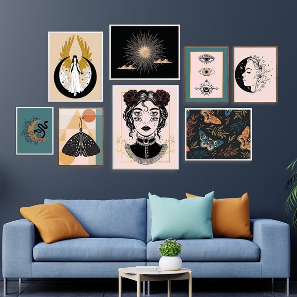 Celestial Witchy Gallery Wall Art Set of 8, gothic art prints, digital printables, dark academia printable wall art,evil eye poster,sun&moon