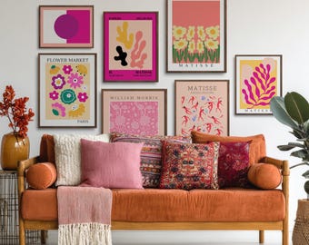 Pink BOHO Chic Gallery Wall Set of 7 Prints, Henri Matisse Exhibition Poster, Flower Market Print, William Morris, Colorful Abstract Art