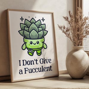 Impresión de arte retro con una divertida mascota suculenta que no me importa nada, arte de pared imprimible para dormitorio, arte botánico retro, humor para amantes de las plantas