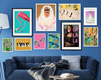 set of 10 eclectic wall art prints, eclectic gallery wall set, bubble gum Mona Lisa, altered paintings, Degas, Frida, Lautrec,digital prints