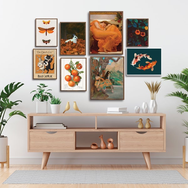 Eclectic Orange Gallery Wall Set of 8, Maximalist Wall Art, Orange Gallery Wall Prints, DIGITAL PRINTABLES, Frederic Leighton, Edgar Degas