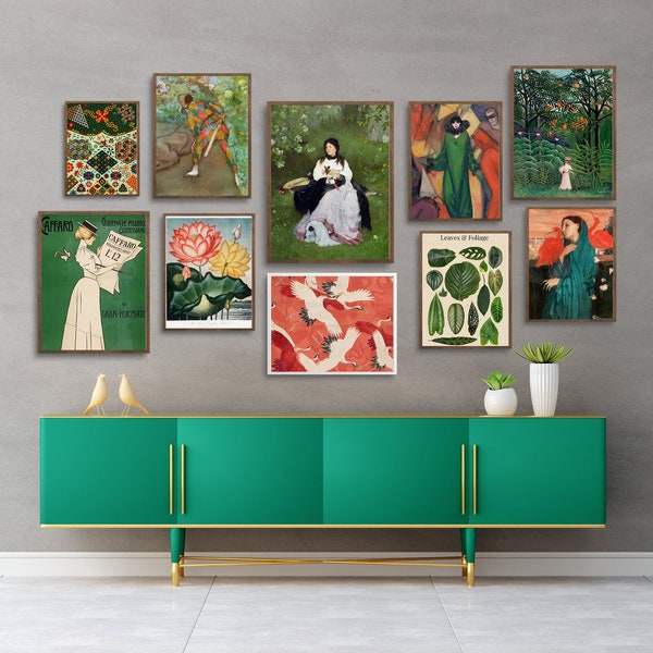 Orange&Green Gallery Wall Set of 10 Prints,Eclectic Maximalist Wall Art,Edgar Degas Print,Henri Rousseau Art, Vintage Japanese Cranes Poster