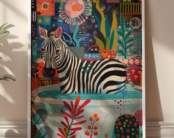 Zebra in Bathtub Art Print, Maximalist Bathroom Decor (Digital Download)