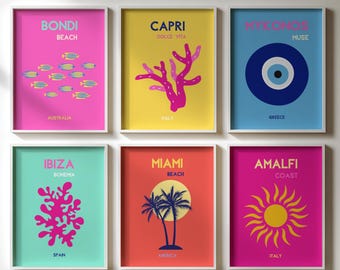 Colorful Travel Poster Set of 6 DIGITAL, Retro Summer Art, Amalfi, Mykonos, Ibiza, Capri