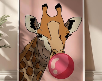 Pink Bubble Gum Giraffe Art Print, Pink Preppy Dorm Wall Decor (Digital Download)