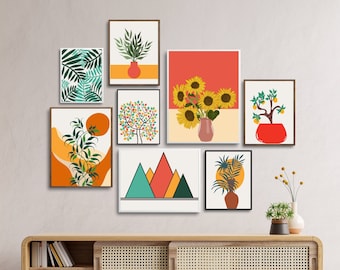 Orange Boho Gallery Wall Set of 8, floral wall art set, colorful gallery wall prints, living room wall decor, DIGITAL PRINTABLES, home gifts