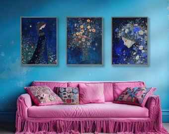 Art Nouveau Ethereal Art Prints Floral Wall Art Women Paintings Feminine Wall Art Navy Blue Gallery Wall Gustav Klimt Style Women Portraits