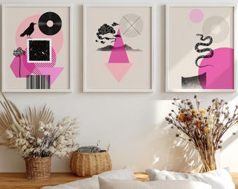 Svart & Rosa RETRO Abstrakt Väggkonst Set med 3 Tryck, Färgglada Posters, Väggdekor Vardagsrum, Unika Konsttryck, Geometrisk Väggkonst DIGITAL
