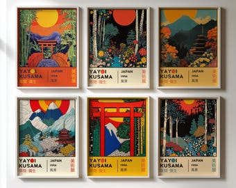 Yayoi Kusama Japanese Landscapes Retro Exhibition Poster Set of 6 DIGITAL, Japanese Pop Art